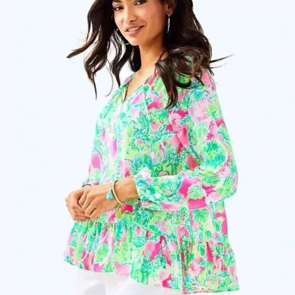 LILLY PULITZER‎ Tensley Top Catty Shack Raz Berry Blouse Pink Green